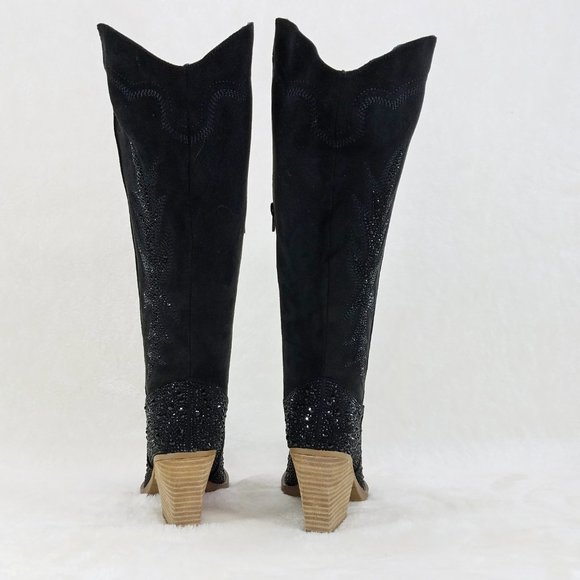 Anniston Black Rhinestone Glamour Country Western Cowgirl Knee Boots - Picture 9 of 12